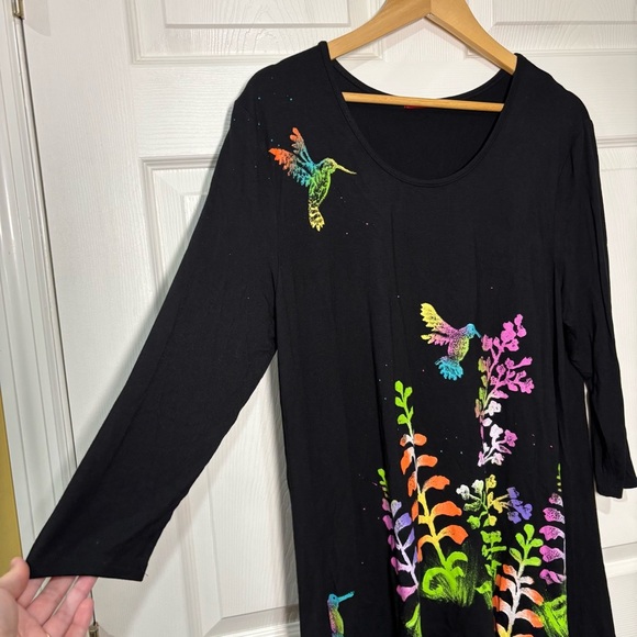 RAFFI Top Large Womens Watercolor Handpainted Lagenlook Art to Wear Hummingbird - Picture 4 of 9